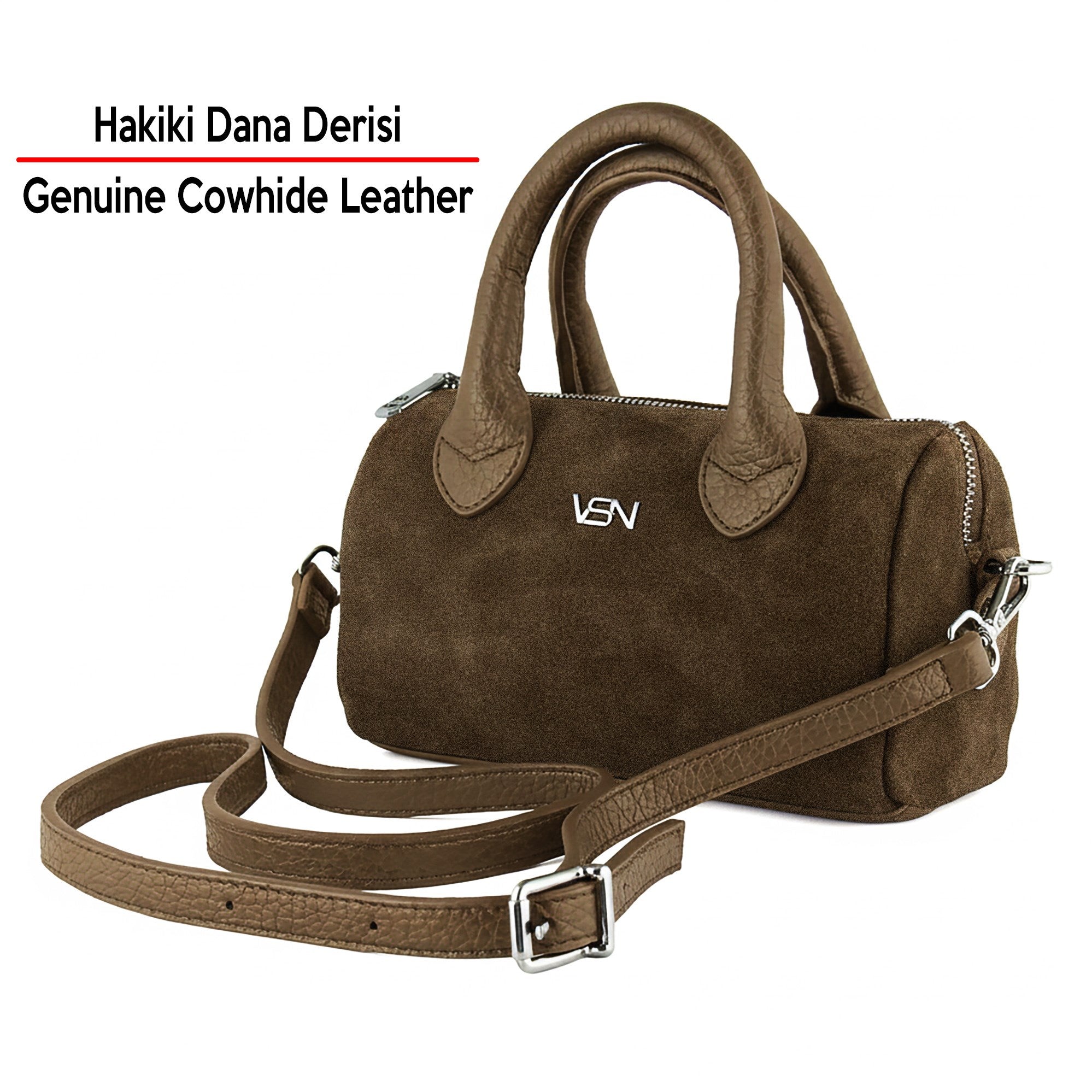 (VSN5019OC) Açık Kahve Hakiki Dana Süet Fermuarlı Askılı İç Cepli Küçük Boy Günlük Omuz Çantası