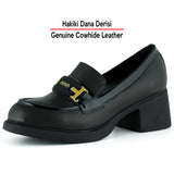 [MAX 53-133] Siyah Hakiki Dana Derisi Rugan Detaylı Tokalı Kalın Topuklu Günlük Loafer Ayakkabı