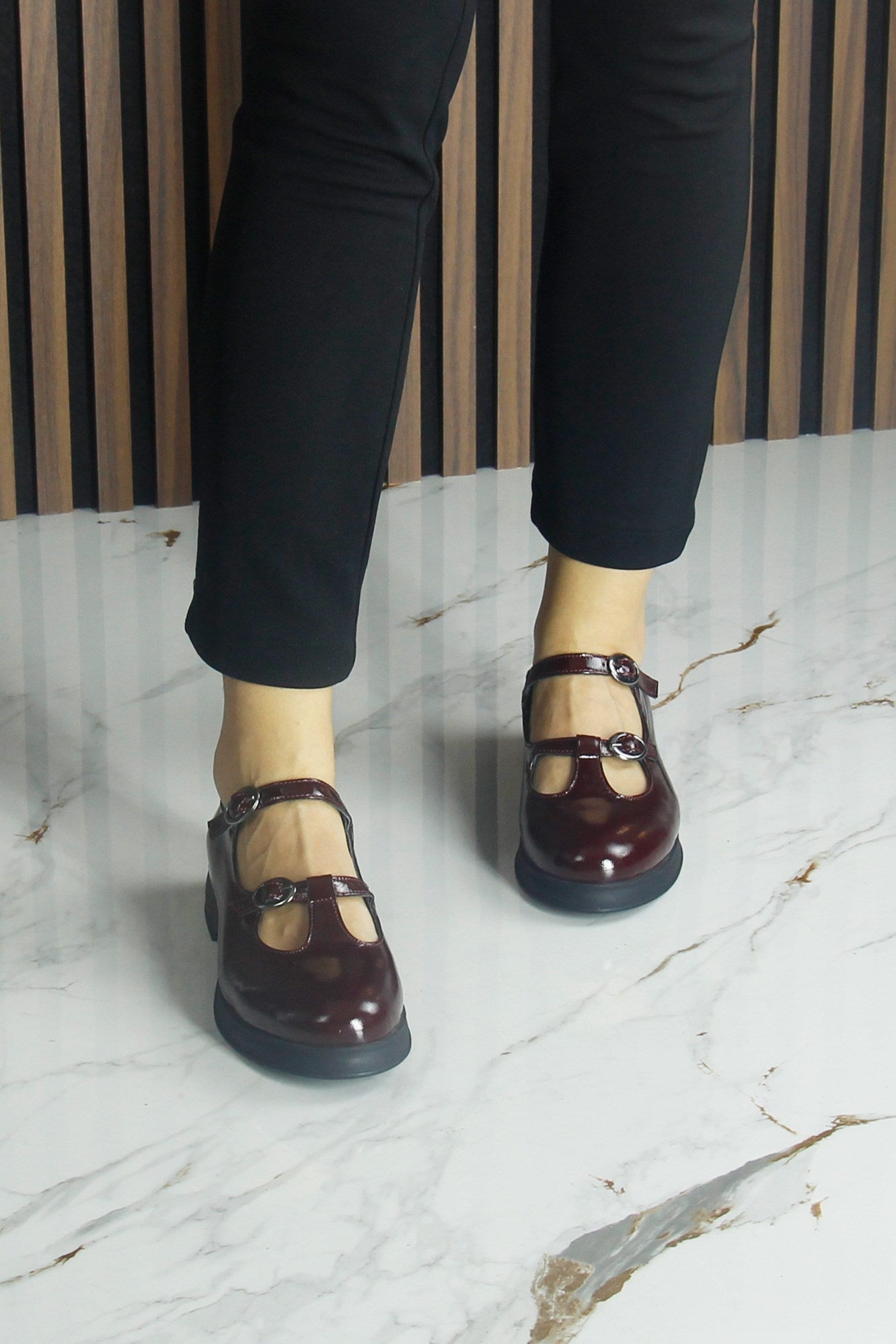 [MAX 53-120] Bordo Rugan Hakiki Dana Derisi Çift Bantlı Mary Jane Kalın Topuklu Günlük Ayakkabı