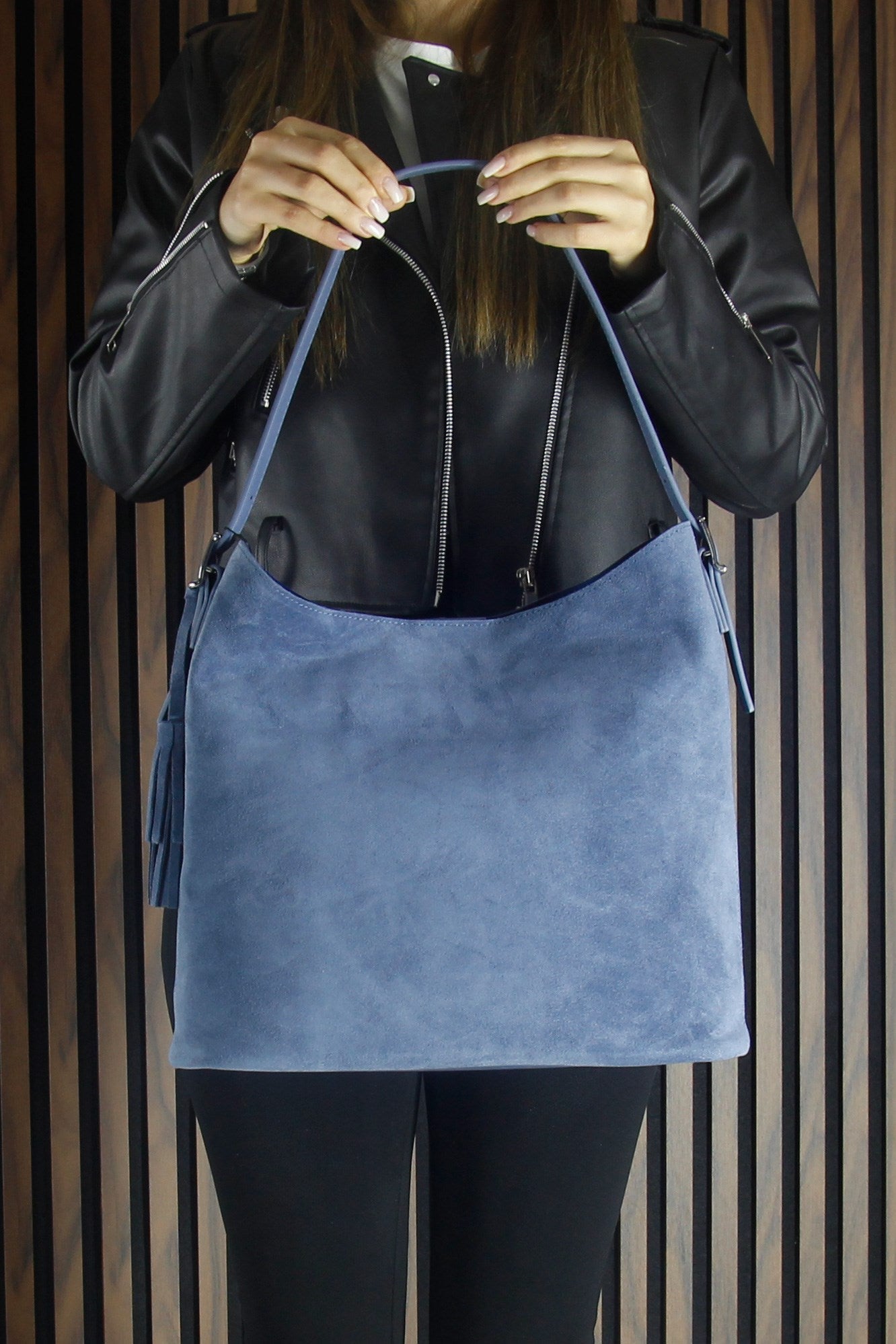 (VSN5016OC) Mavi Hakiki Dana Süet Püsküllü Manyetik Kapaklı Büyük Boy Günlük Omuz Çantası ve El Çantası