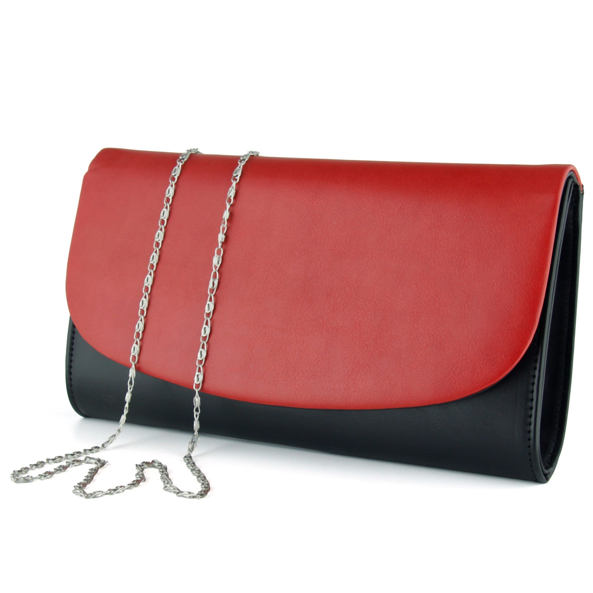 (ES0018AC) Siyah Kırmızı Vegan Zincir Askılı Manyetik Kapaklı Zarif Abiye El Çantası