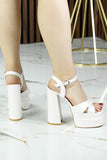 Whitney İnci Beyaz Önü Arkası Açık Çift Platformlu Bantlı Abiye Gelin Ayakkabısı