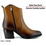 [MAX 440] Taba Hakiki Dana Derisi Tokalı Fermuarlı Sivri Burun Kalın Topuklu Günlük Bot
