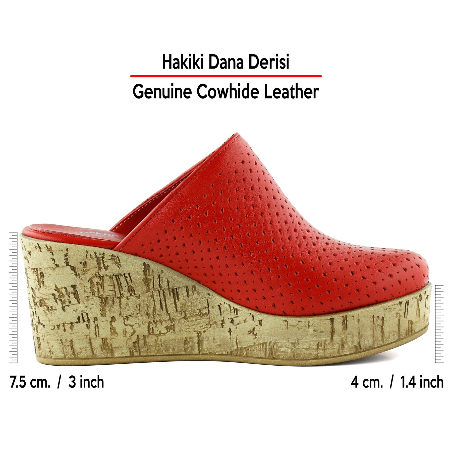 Aria Kırmızı Hakiki Dana Derisi Önü Kapalı Mantar Taban Görünümlü Dolgu Topuklu Terlik