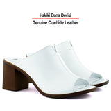 Valery Beyaz Hakiki Dana Derisi Önü Açık Kalın Topuklu Terlik