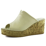 Mallery Bej Hakiki Dana Derisi Önü Açık Mantar Taban Görünümlü Dolgu Topuklu Terlik