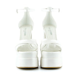 Celine İnci Beyaz Önü Açık Çapraz Bantlı Çift Platformlu Kalın Topuklu Abiye Gelin Ayakkabısı