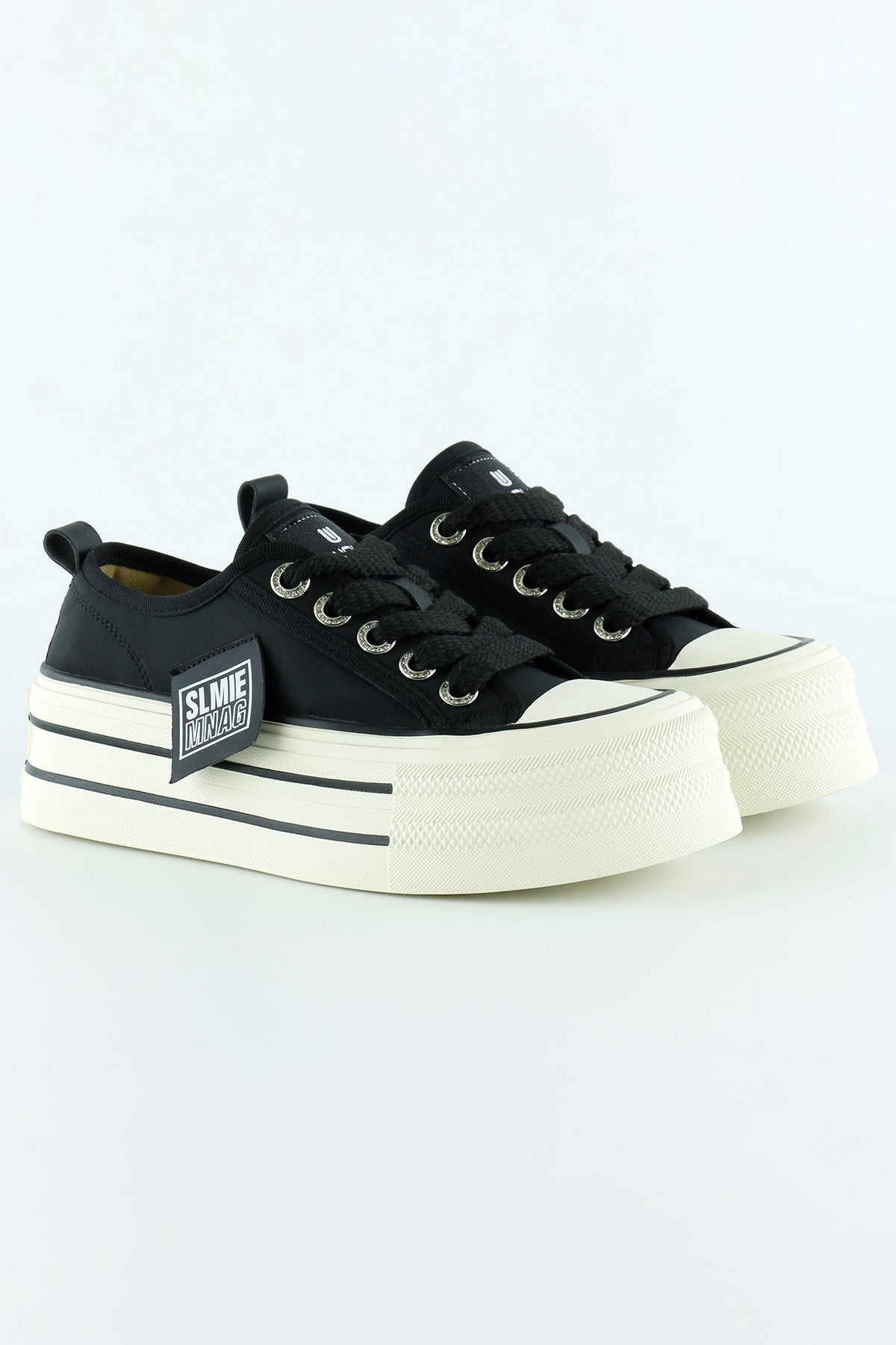 [5016] Siyah Saten Yüksek Taban Spor Taşlı Bağcıklı Platform Sneaker