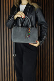 (VSN5011OC) Gri Hakiki Dana Süet Fermuarlı İç Cepli Askılı Boncuk Aksesuarlı Günlük Büyük Boy Omuz Çantası