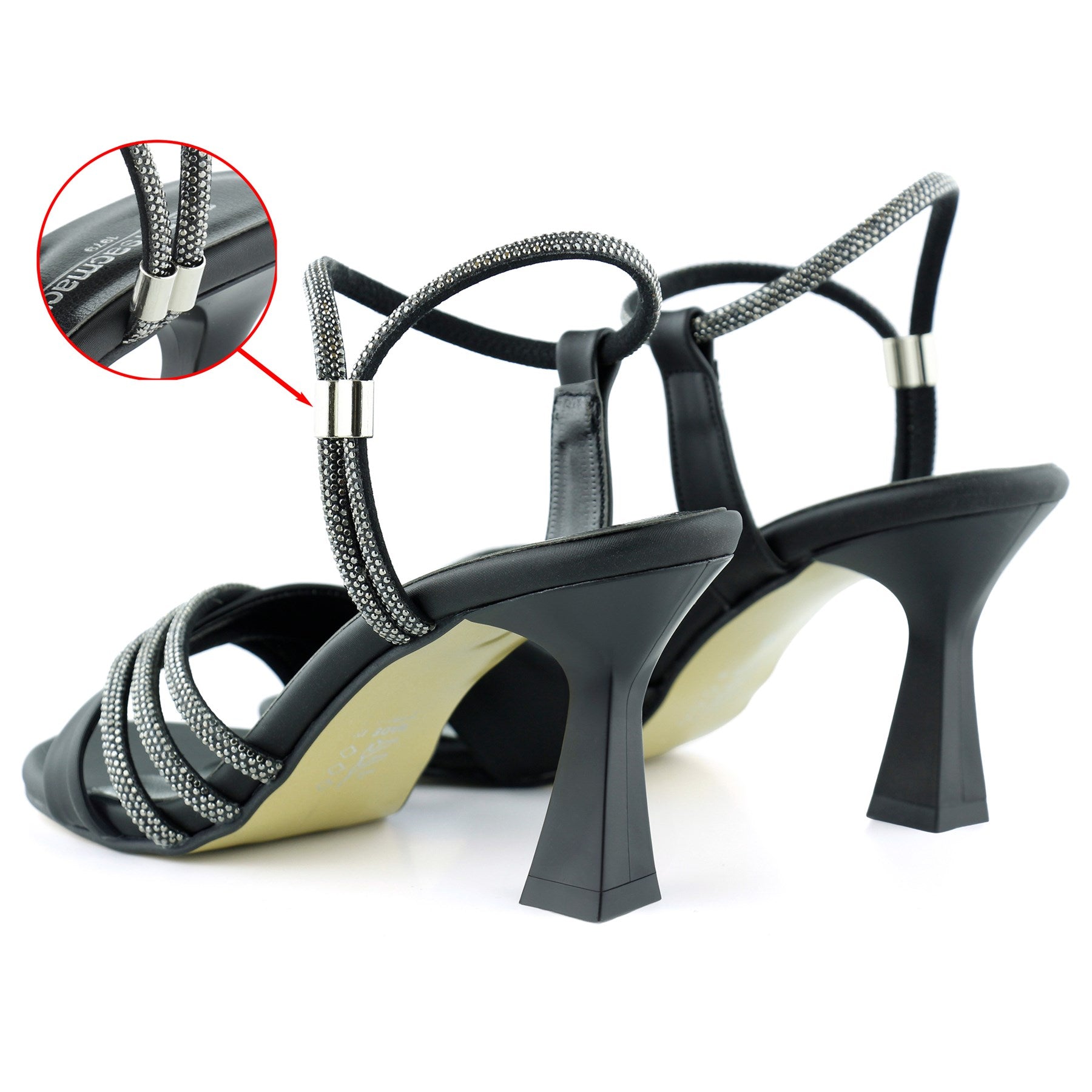 Roseline Exclusive Siyah Saten Önü Arkası Açık Taşlı Çapraz Bantlı Kadeh Topuklu Abiye Ayakkabı