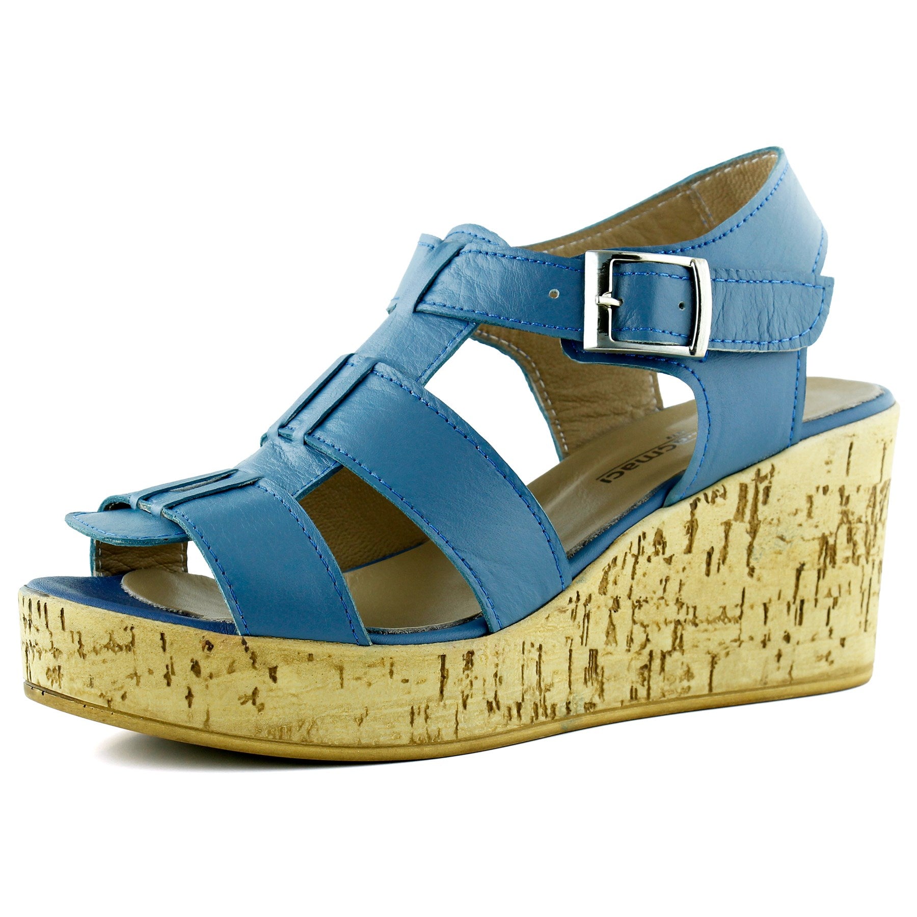 Xena Mavi Hakiki Dana Derisi Mantar Taban Görünümlü Dolgu Topuklu Gladyatör Sandalet