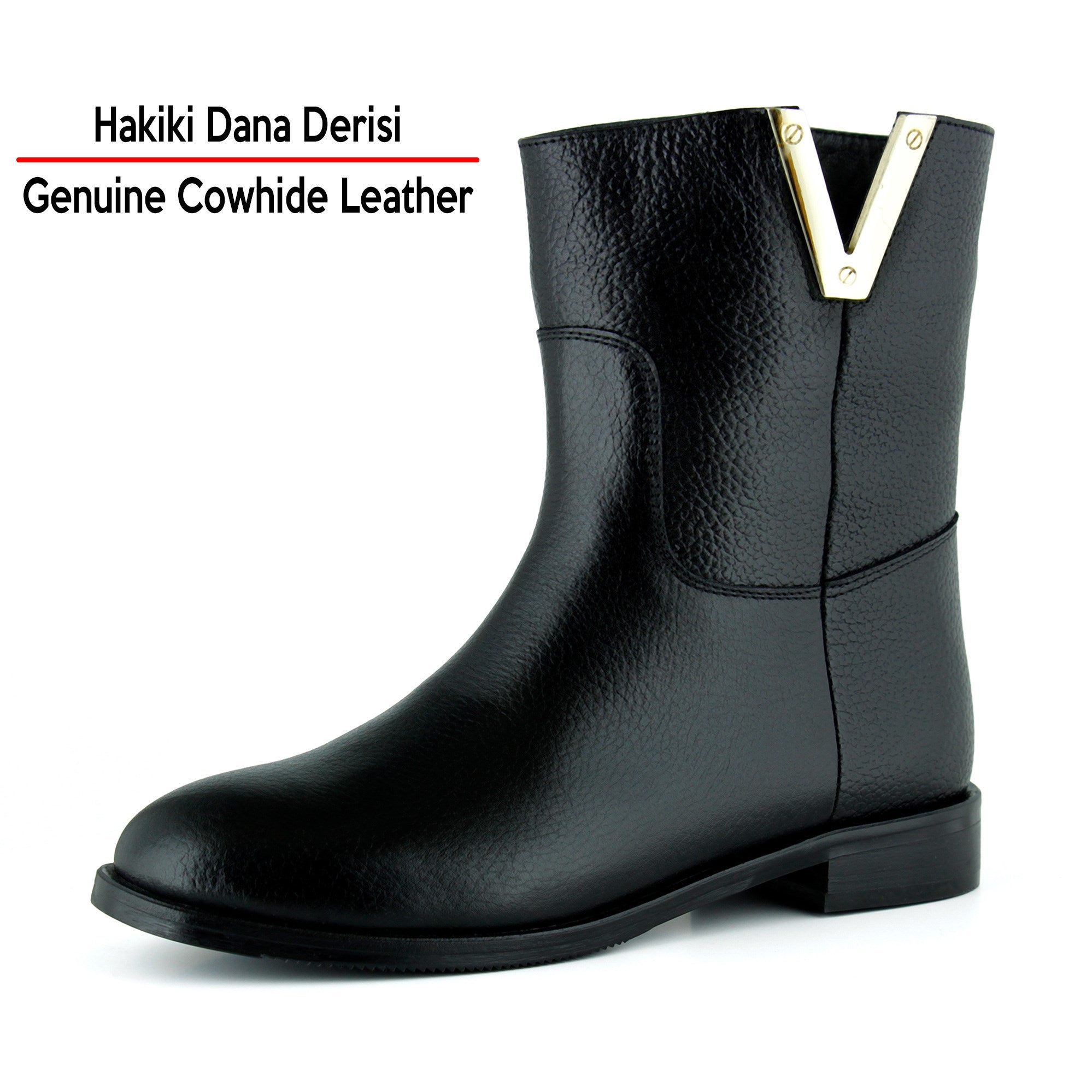 [MAX 426] Siyah Hakiki Dana Derisi Metal Detaylı Fermuarlı Yuvarlak Burun Kalın Topuklu Günlük Bot