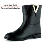[MAX 426] Siyah Hakiki Dana Derisi Metal Detaylı Fermuarlı Yuvarlak Burun Kalın Topuklu Günlük Bot