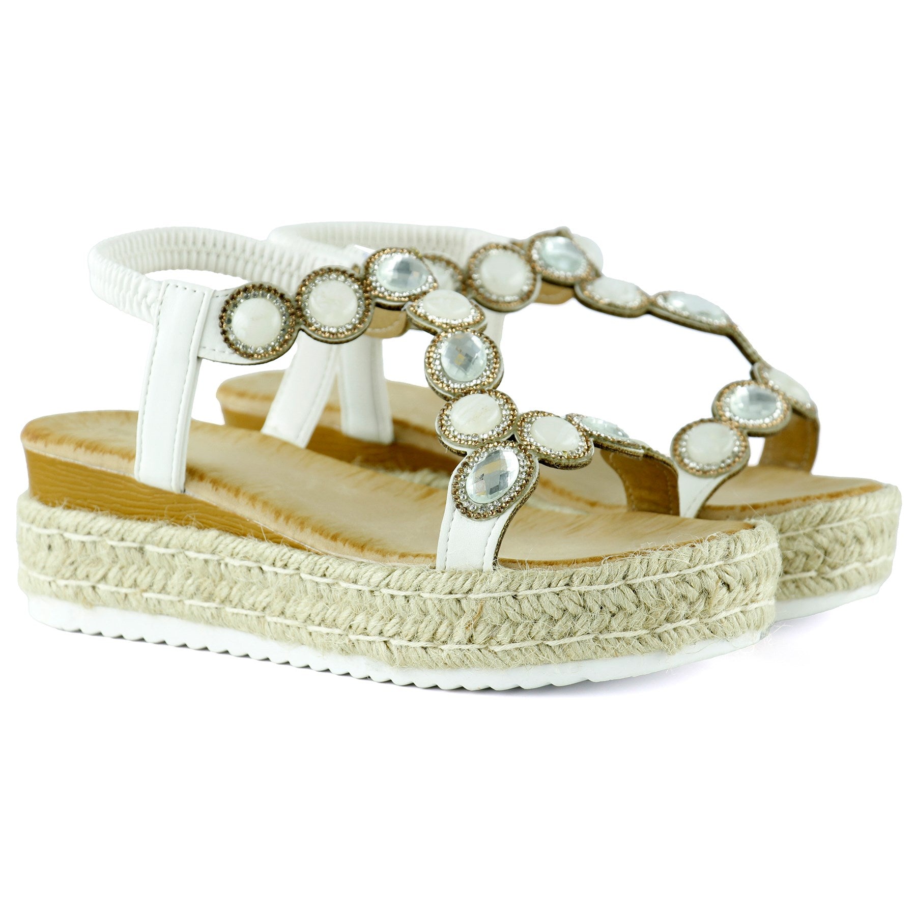 [7022] Beyaz Kristal Taşlı Elastik Bantlı Zikzak Örgü Jüt Platform Topuklu Sandalet