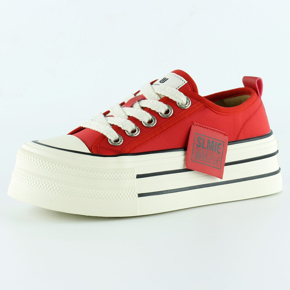 [5016] Kırmızı Saten Yüksek Taban Spor Taşlı Bağcıklı Platform Sneaker