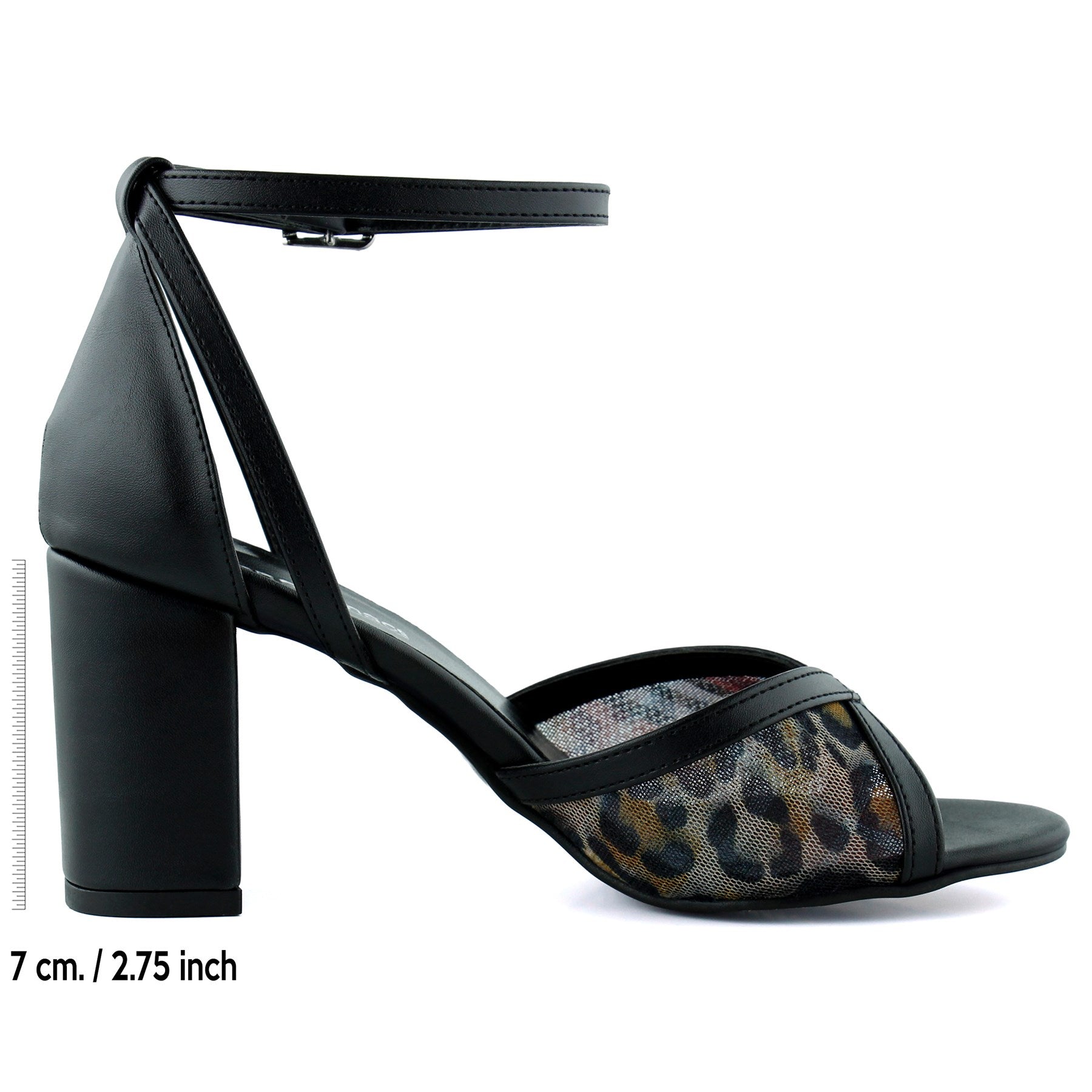 Charlotte Siyah Leopar Çapraz Bantlı Fileli Kalın Topuklu Zarif Abiye Ayakkabı