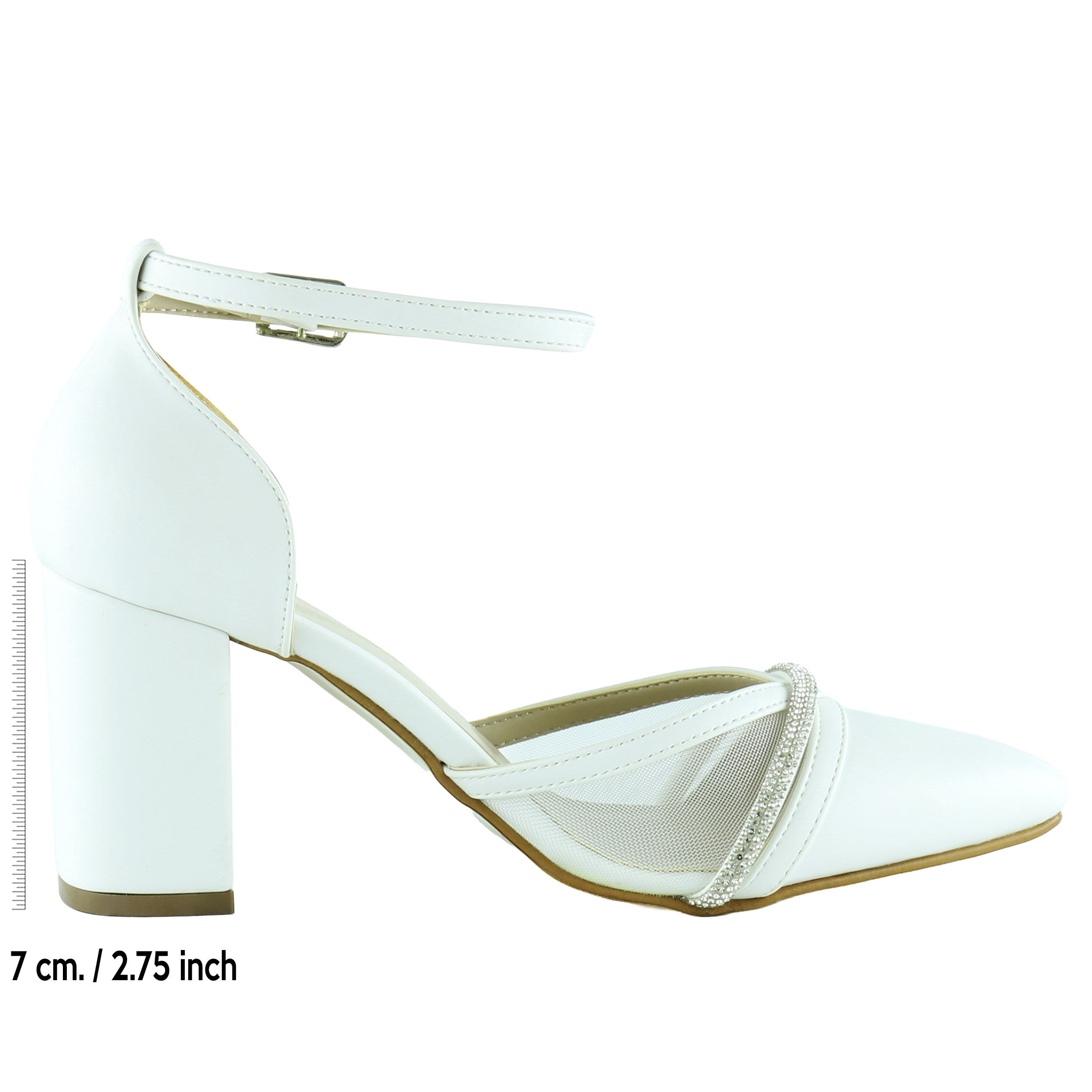 Molly Beyaz Vegan Sivri Burun Taşlı Fileli Kalın Topuklu Abiye Gelin Ayakkabısı