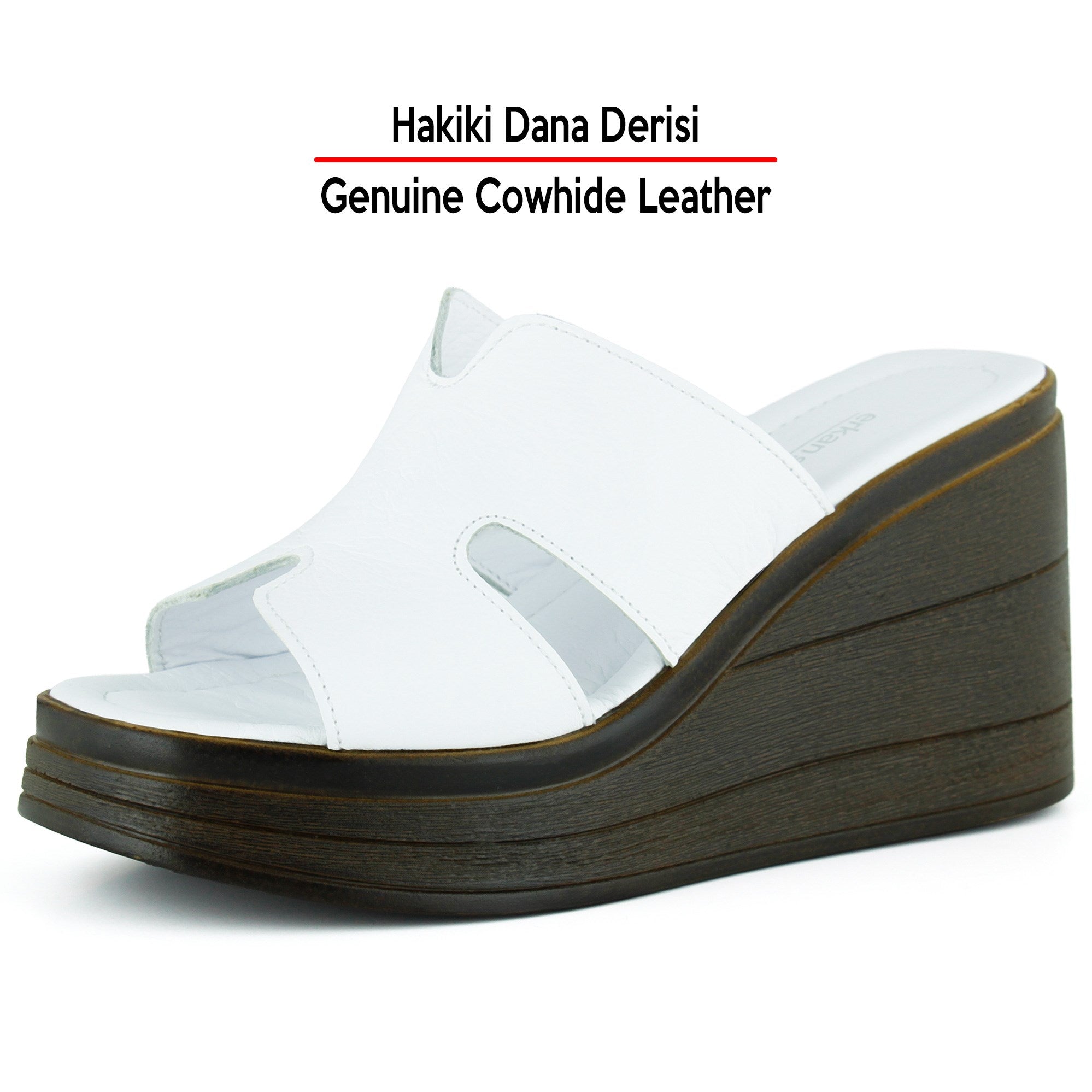 Hermine Plus Beyaz Hakiki Dana Derisi Özel Kesim Dolgu Topuklu Terlik