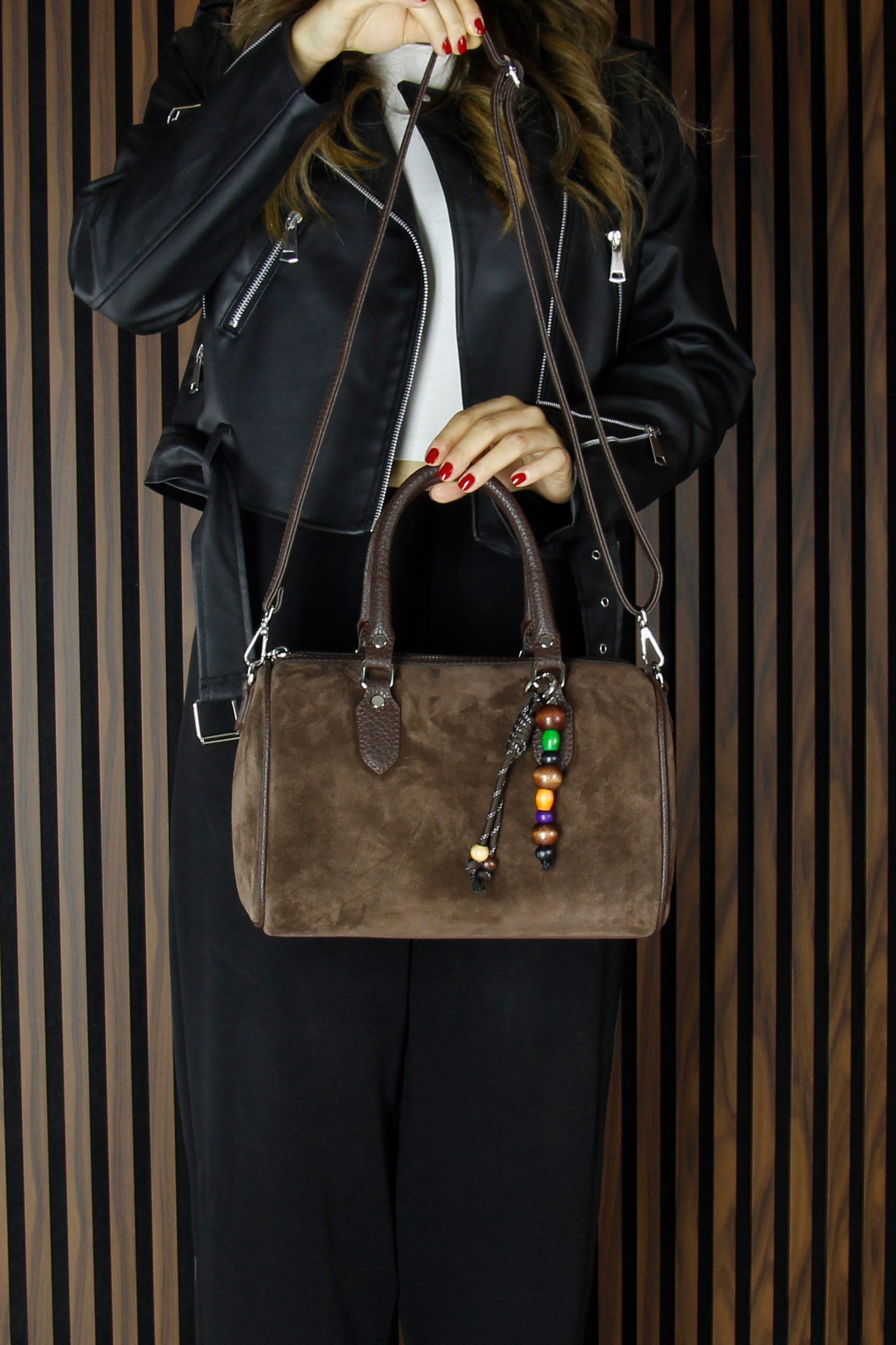 (VSN5011OC) Kahve Hakiki Dana Süet Fermuarlı İç Cepli Askılı Boncuk Aksesuarlı Günlük Büyük Boy Omuz Çantası