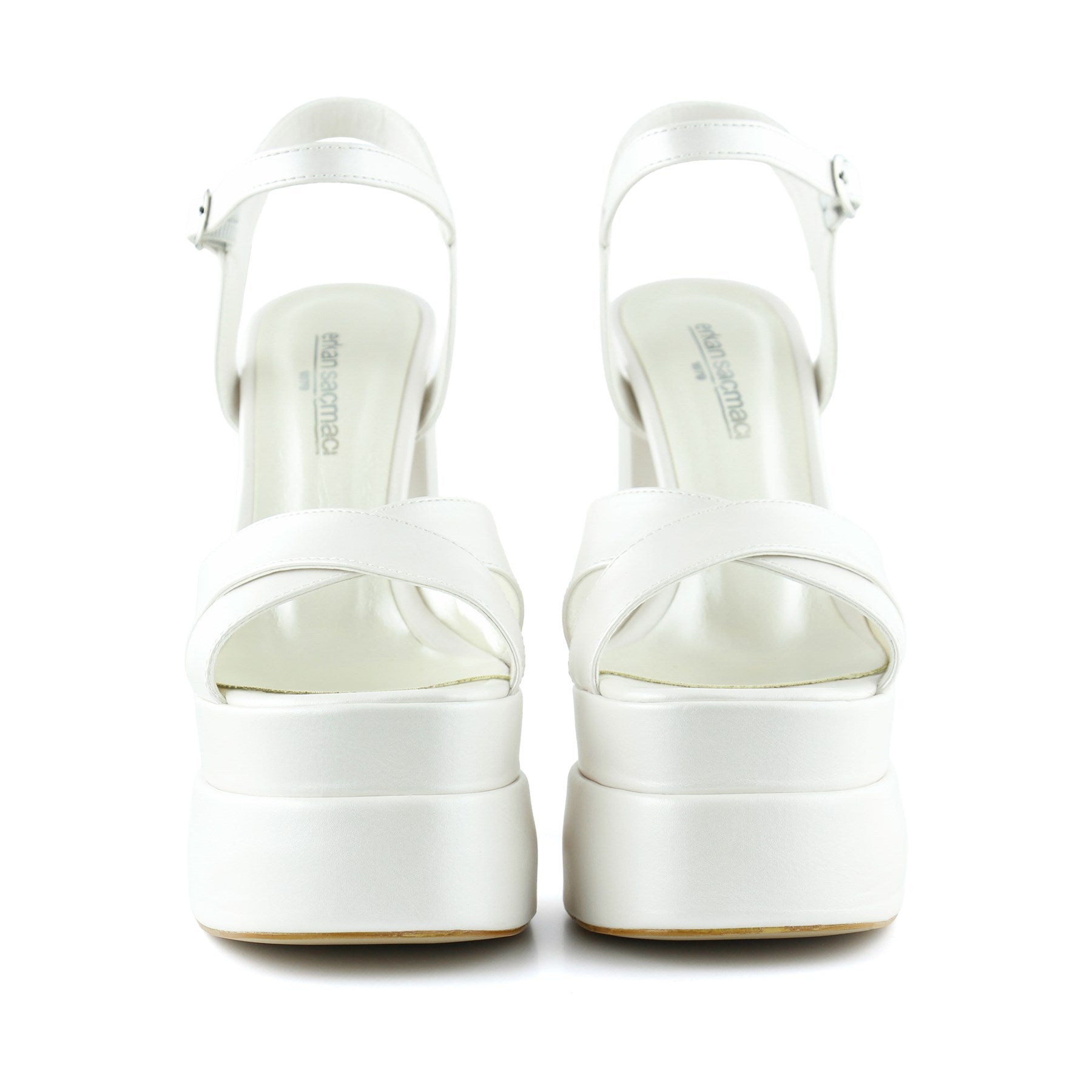 Whitney İnci Beyaz Önü Arkası Açık Çift Platformlu Bantlı Abiye Gelin Ayakkabısı