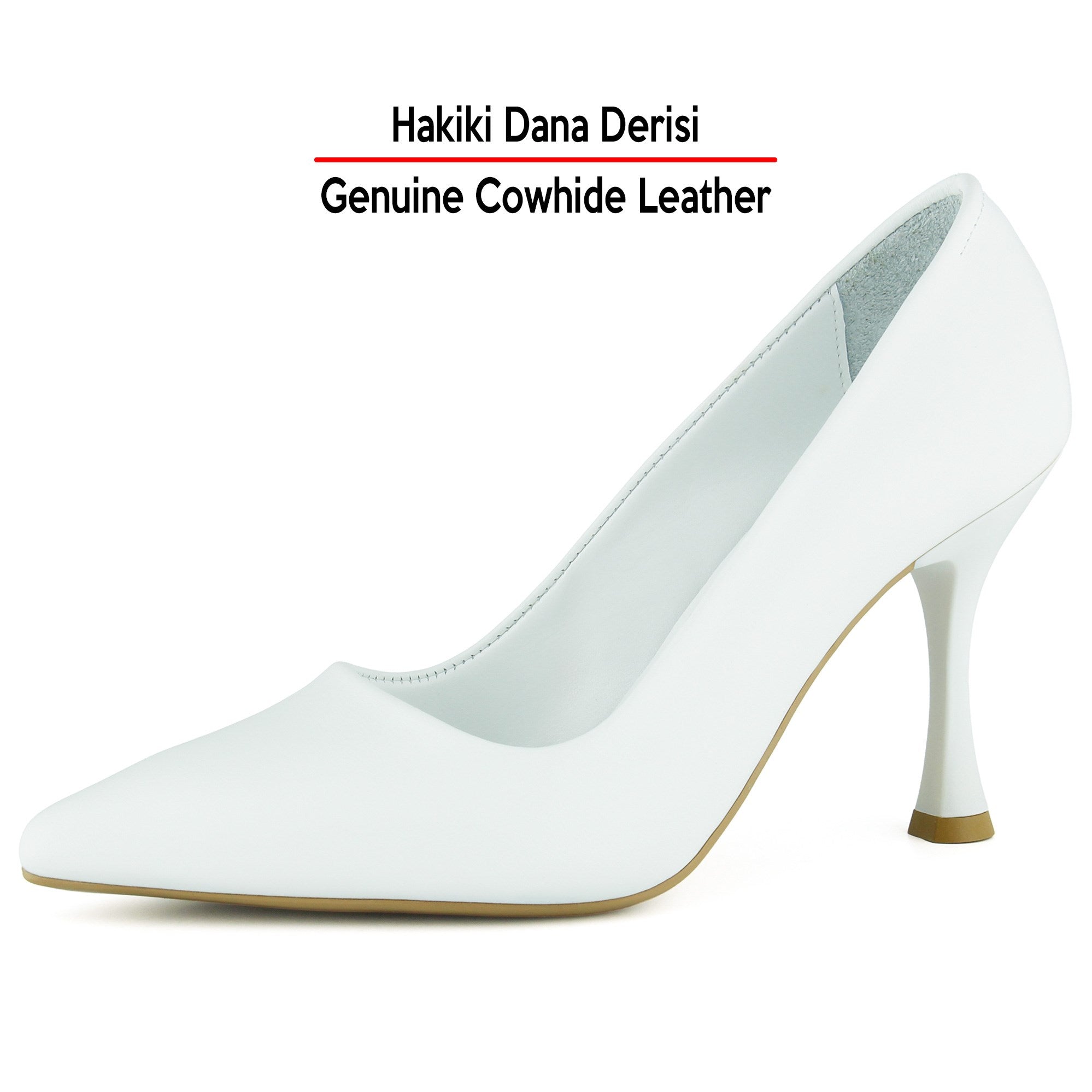 Suzanna Beyaz Hakiki Dana Derisi Sivri Burun Klasik İnce Topuklu Stiletto Gelin Ayakkabısı