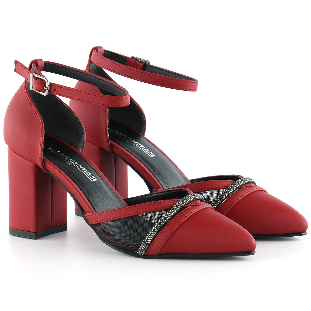 Molly Kırmızı Saten Taşlı Fileli Kalın Topuklu Ayakkabı