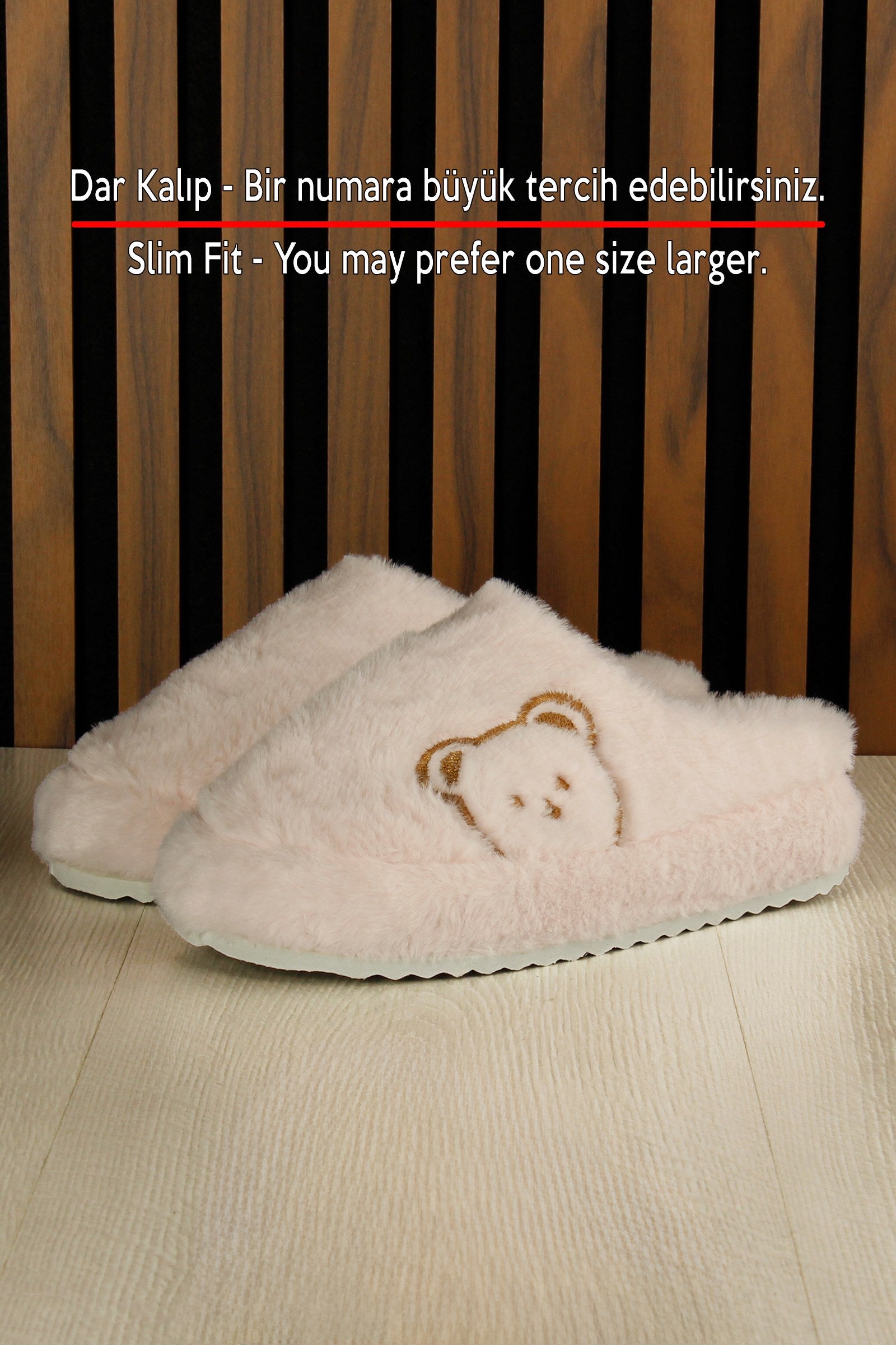 Clara Pudra Pelüş - DAR KALIP - Ayıcık Desenli Kalın Düz Tabanlı Sessiz Kadın Ev Terliği