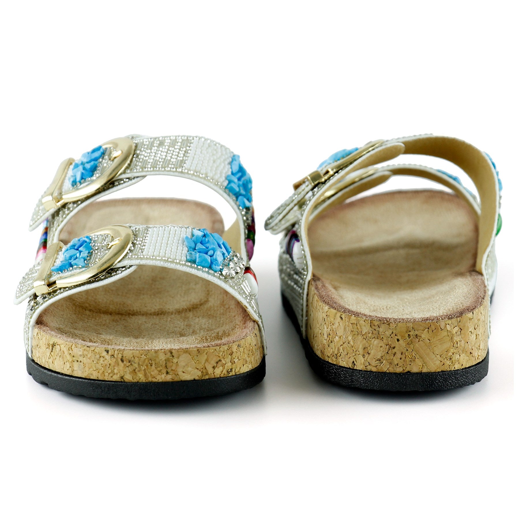 [7048] Beyaz Sabit Çift Bantlı Renkli Taşlı Boncuklu Mantar Taban Görünümlü Terlik