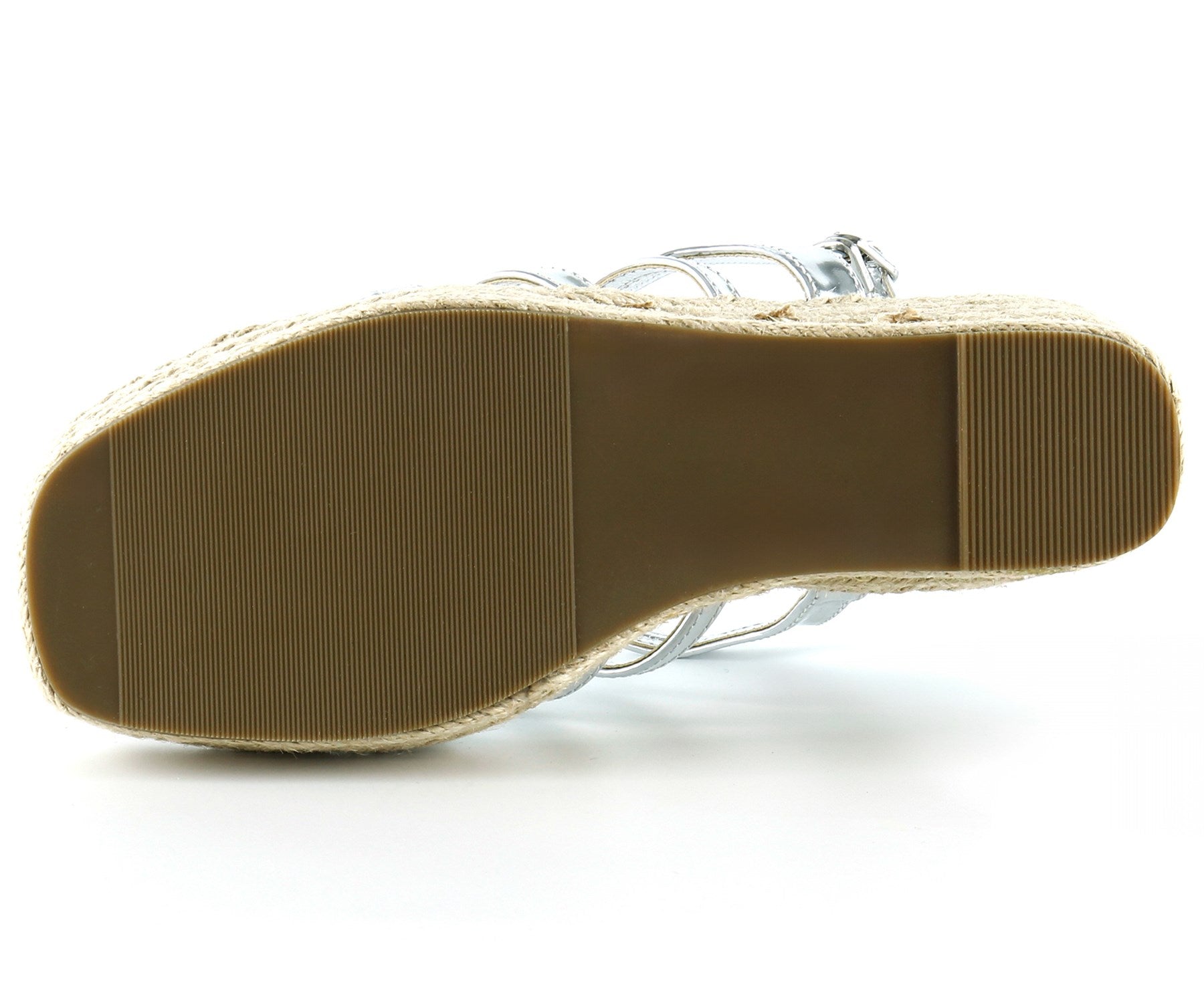 [7002] Gümüş Rugan Çapraz Bantlı Taşlı Zikzak Örgü Jüt Platform Topuklu Sandalet