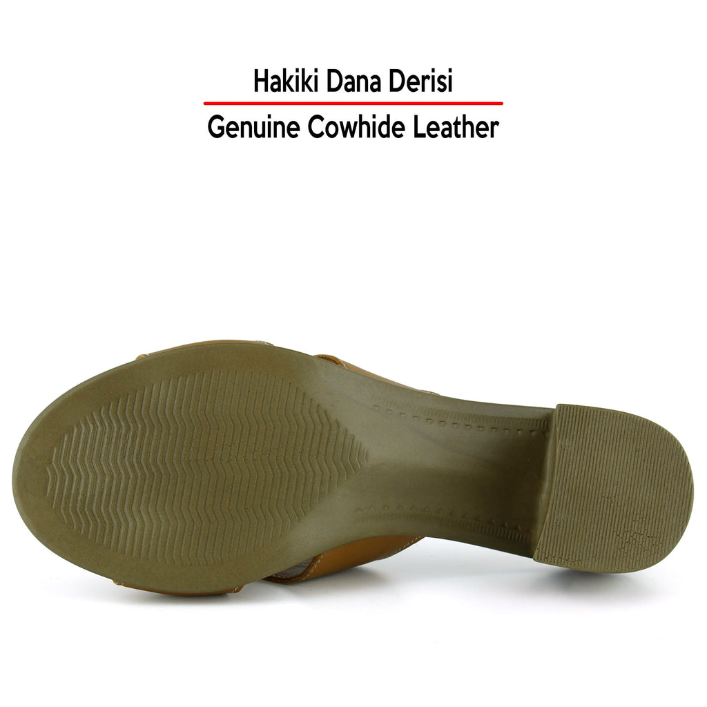 Hermine Taba Hakiki Dana Derisi Özel Kesim Kalın Topuklu Terlik