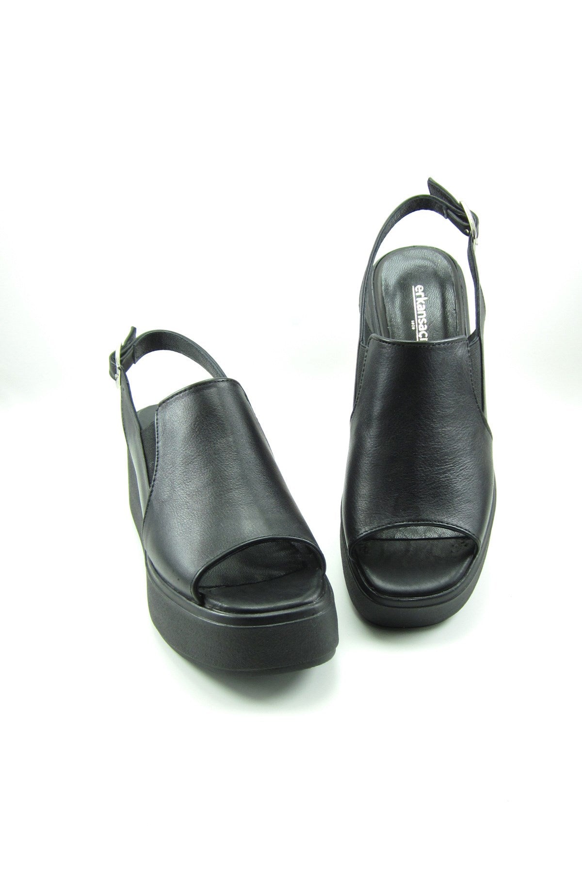 Aliyah Siyah Hakiki Deri Dolgu Topuklu Sandalet