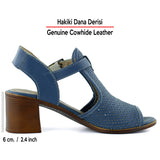 Elena Mavi Hakiki Dana Derisi Önü Arkası Açık Delik Detaylı Kalın Topuklu Rahat Günlük Sandalet