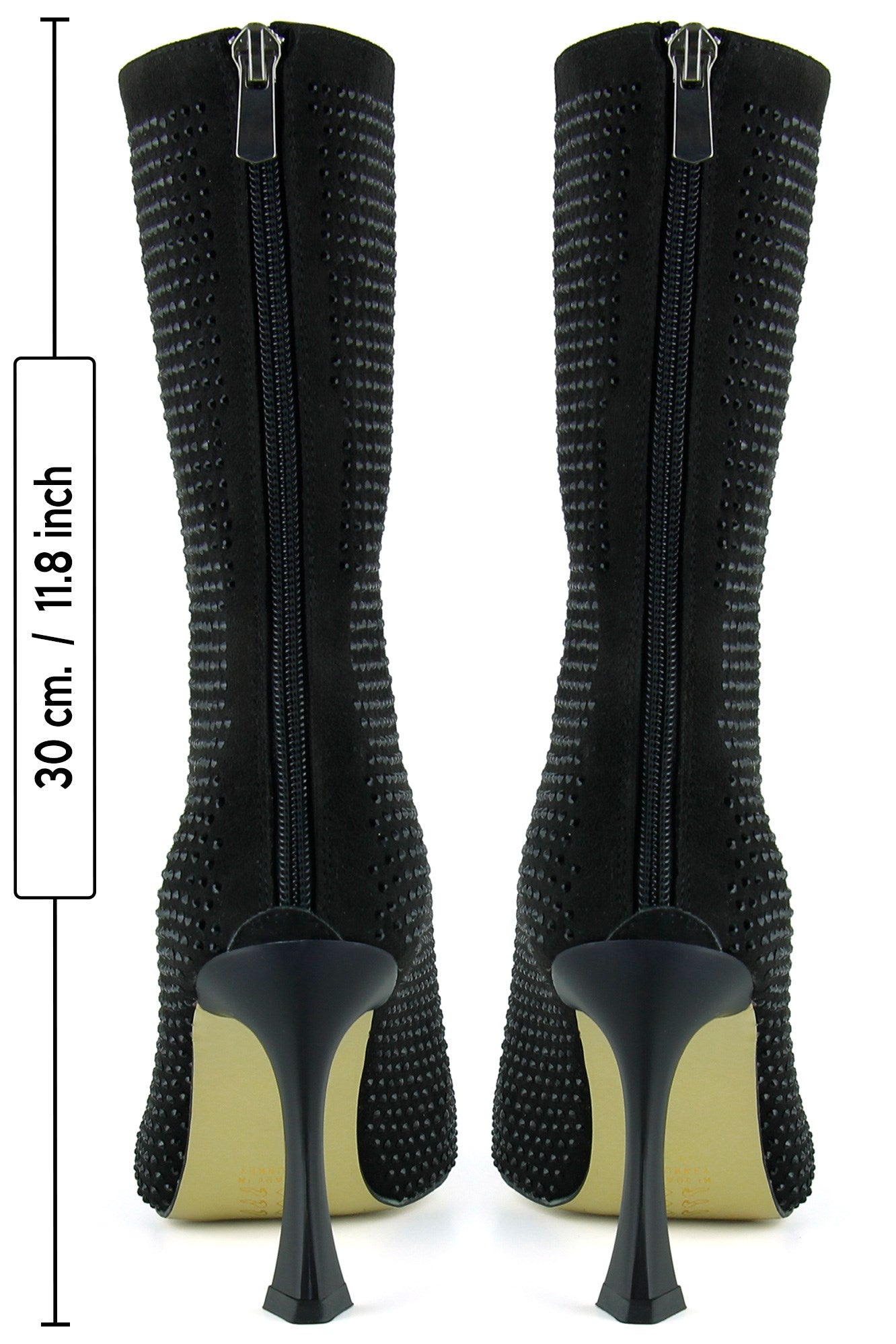 Nell Siyah Süet Taşlı Sivri Burun Fermuarlı İnce Topuklu Abiye Yarım Çizme