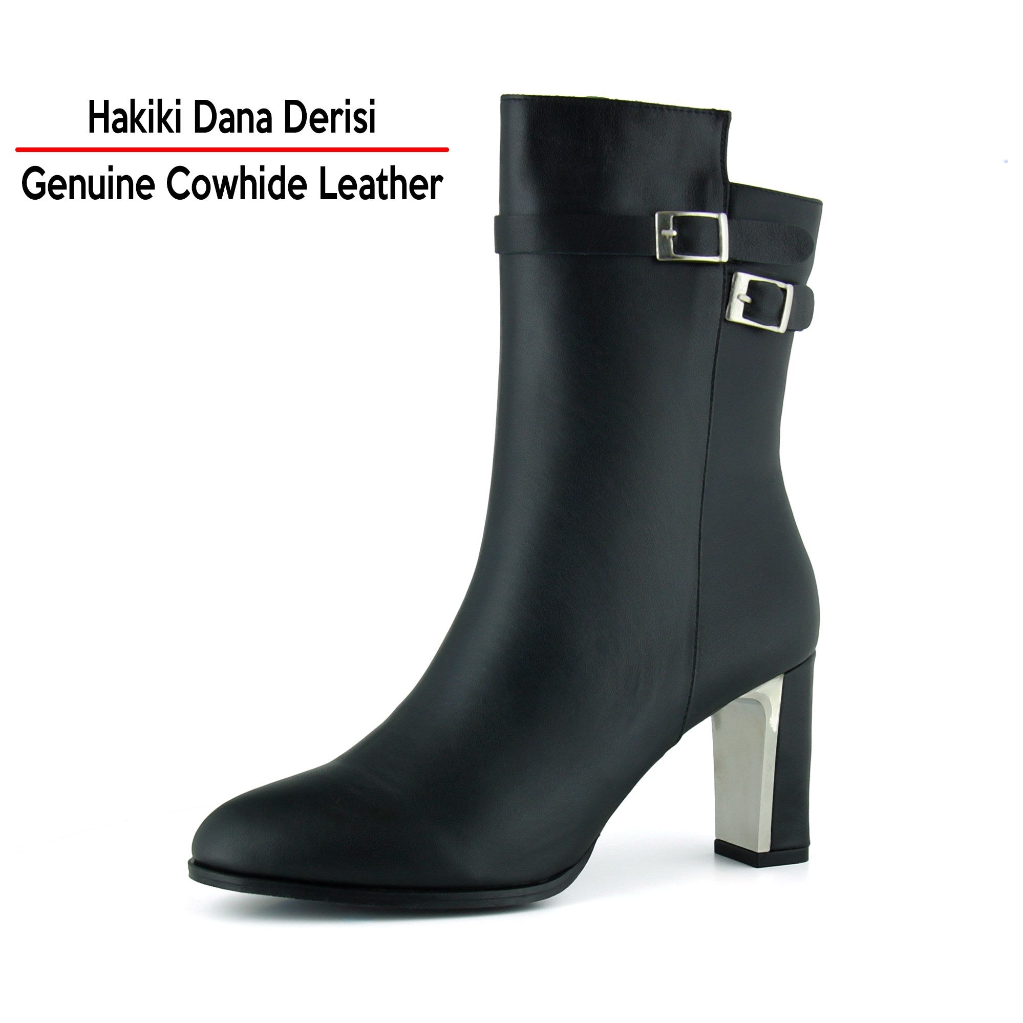 [MAX Y-702] Siyah Hakiki Dana Derisi Tokalı Fermuarlı Sivri Burun Kalın Topuklu Günlük Yarım Çizme