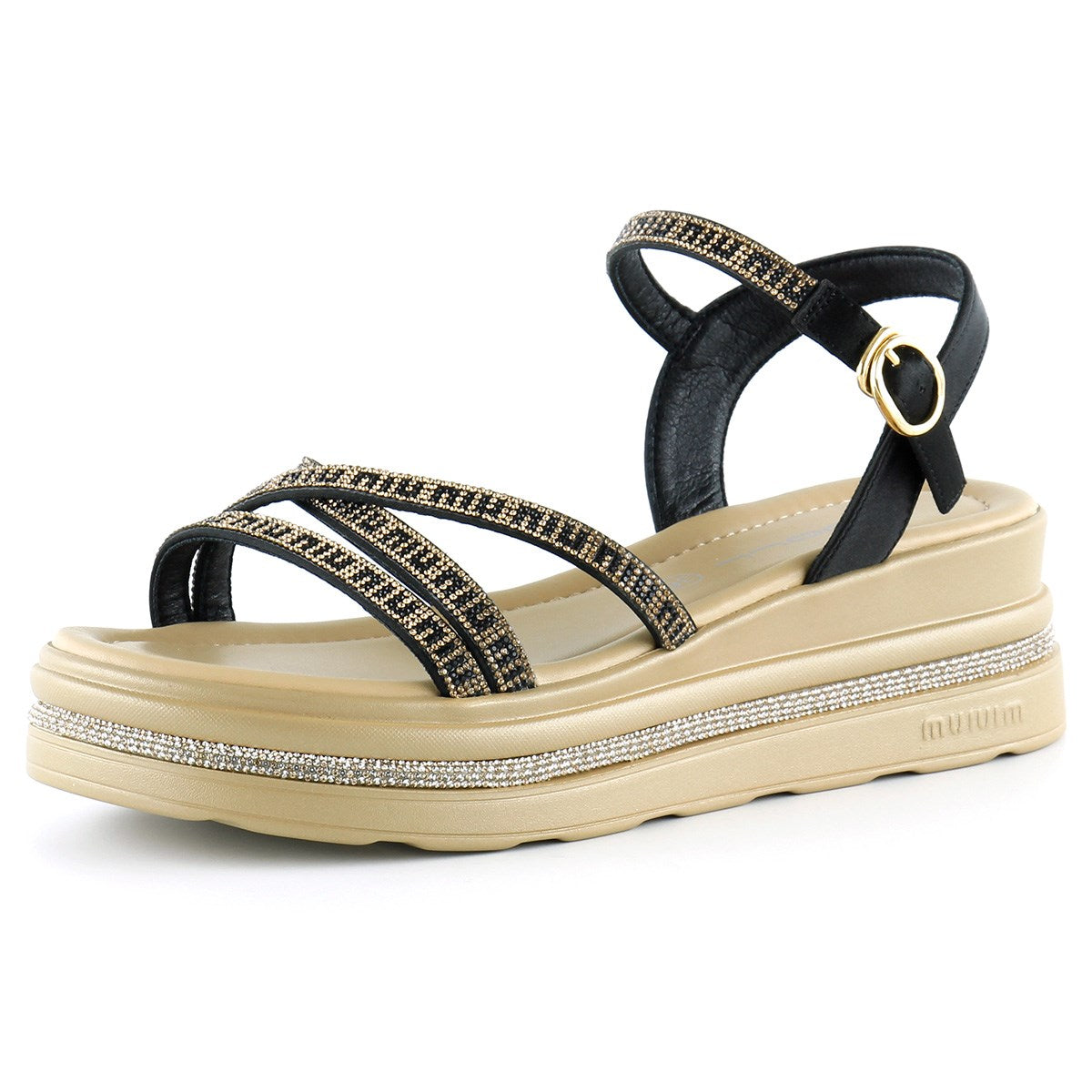 [7026] Siyah Saten Altın Kristal Taşlı Platform Sandalet