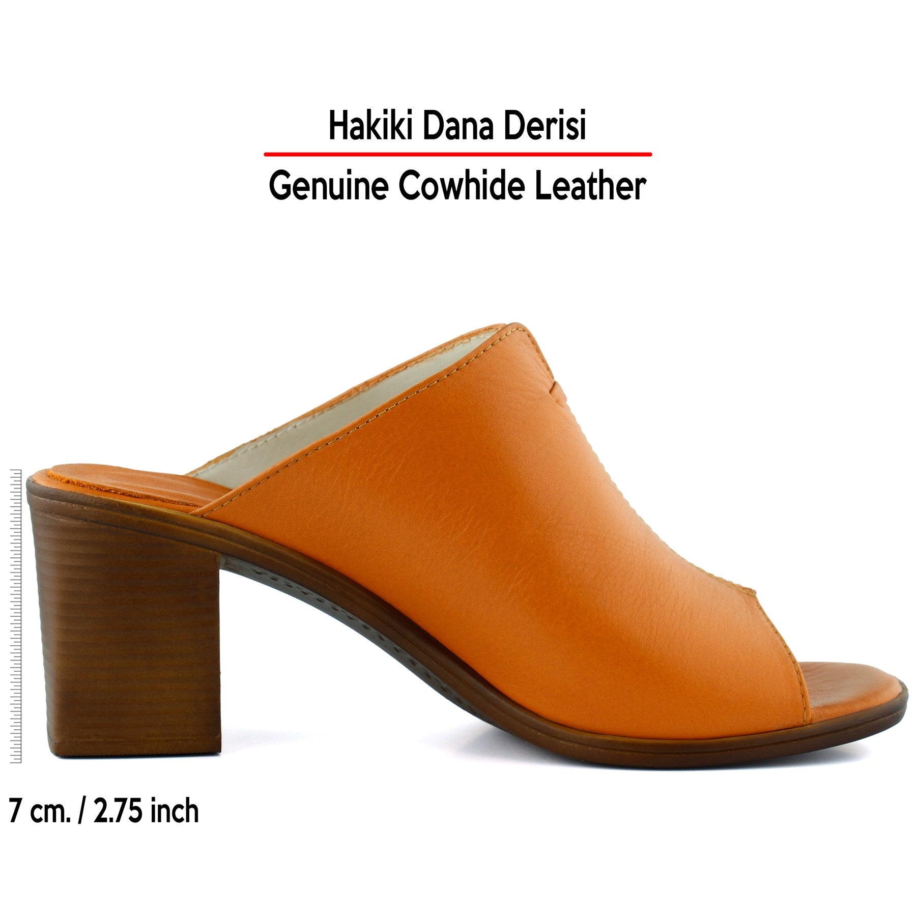 Valery Turuncu Hakiki Dana Derisi Önü Açık Kalın Topuklu Terlik