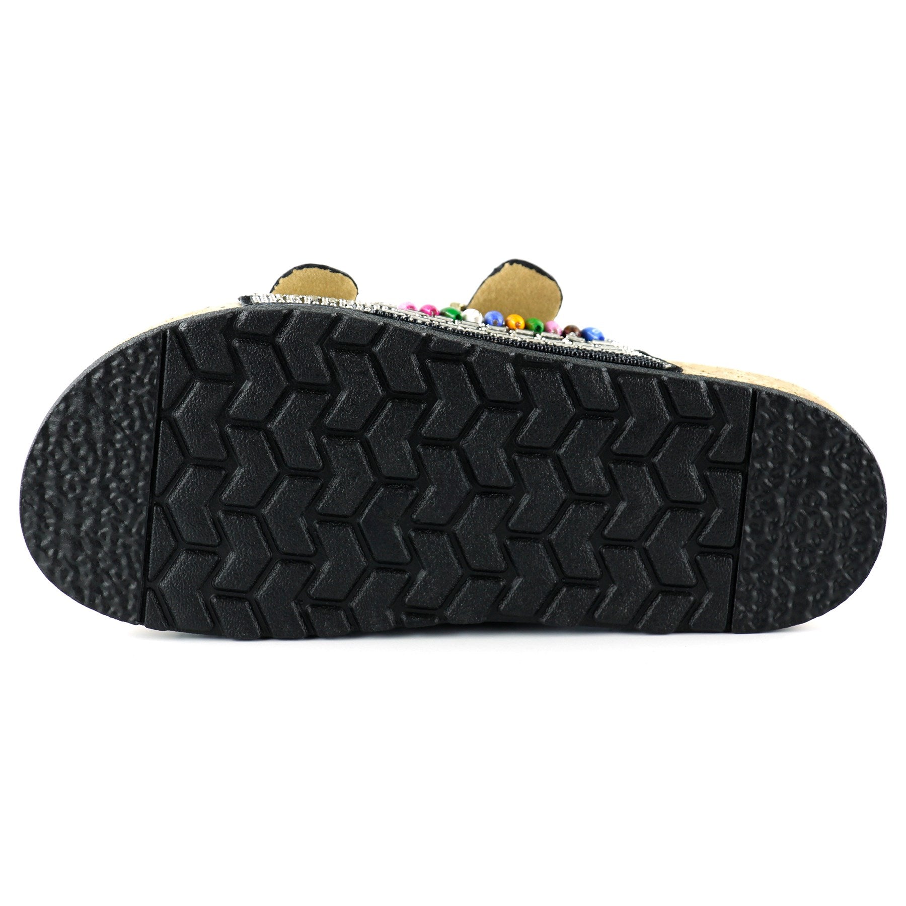 [7048] Siyah Sabit Çift Bantlı Renkli Taşlı Boncuklu Mantar Taban Görünümlü Terlik