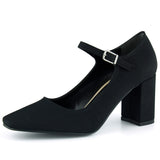 Mary Jane Siyah Krep Kare Burun Bantlı Kalın Topuklu Klasik Ayakkabı