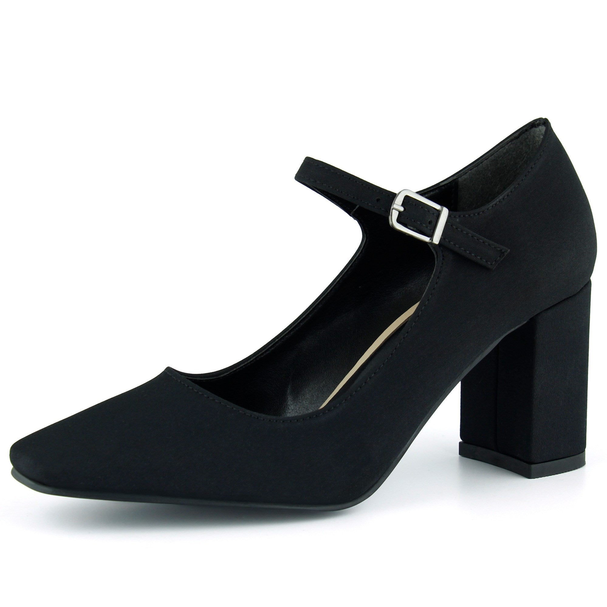 Mary Jane Siyah Krep Kare Burun Bantlı Kalın Topuklu Klasik Ayakkabı