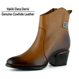 [MAX 440] Taba Hakiki Dana Derisi Tokalı Fermuarlı Sivri Burun Kalın Topuklu Günlük Bot
