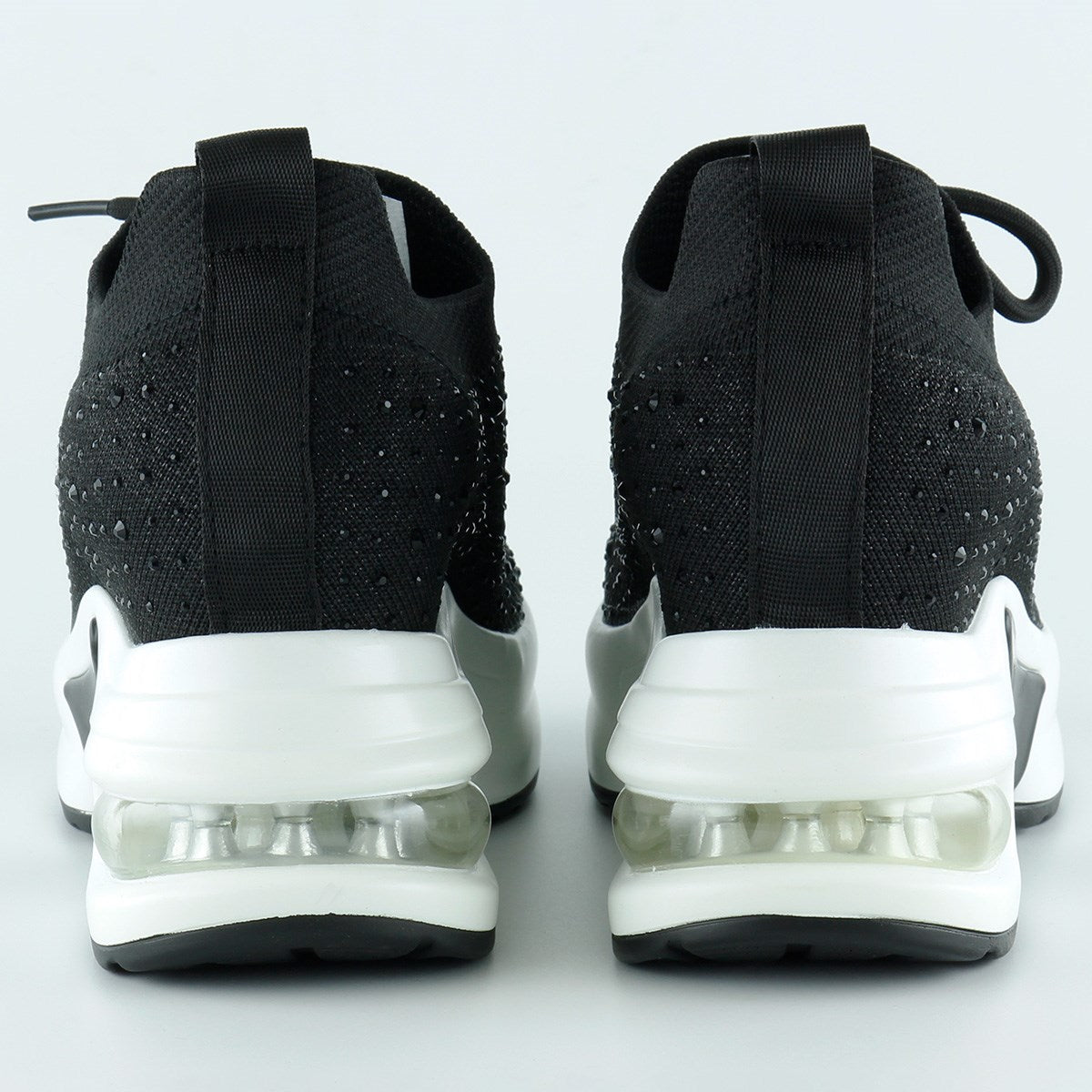 [5035] Siyah Beyaz Örgü Dokuma Kristal Taşlı Bağcıklı Hava Yastıklı Taban Gizli Dolgu Slip-on Sneake