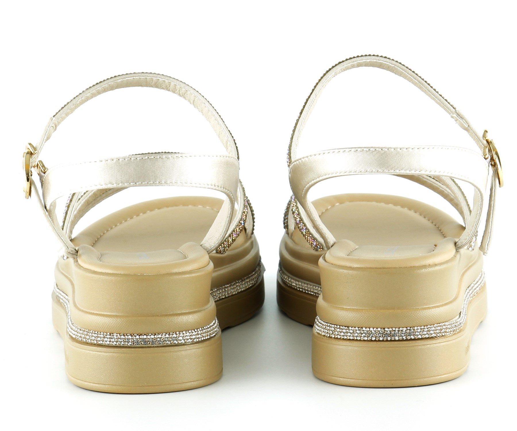 [7026] Bej Saten Altın Kristal Taşlı Platform Sandalet