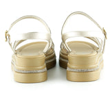 [7026] Bej Saten Altın Kristal Taşlı Platform Sandalet