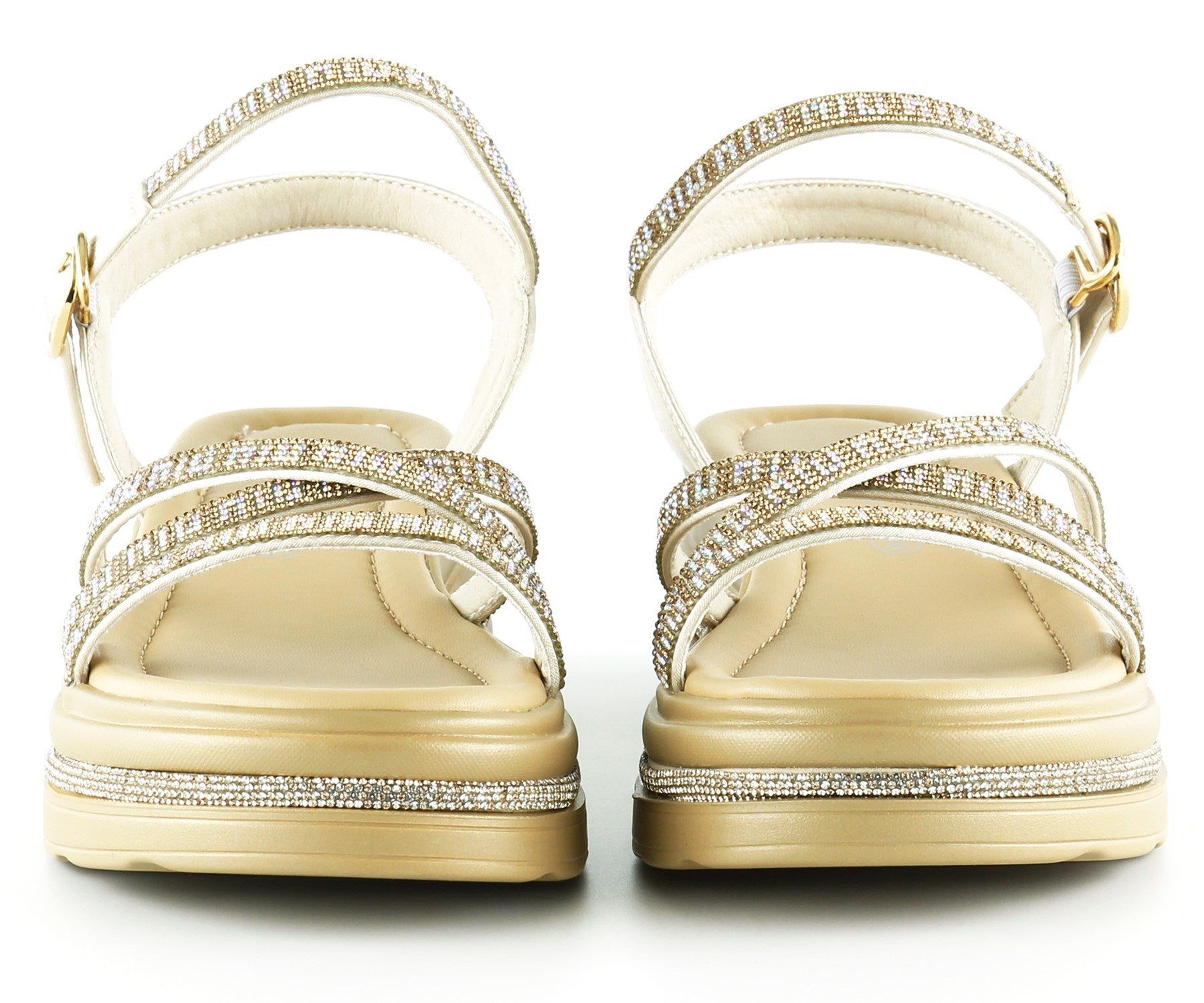 [7026] Bej Saten Altın Kristal Taşlı Platform Sandalet