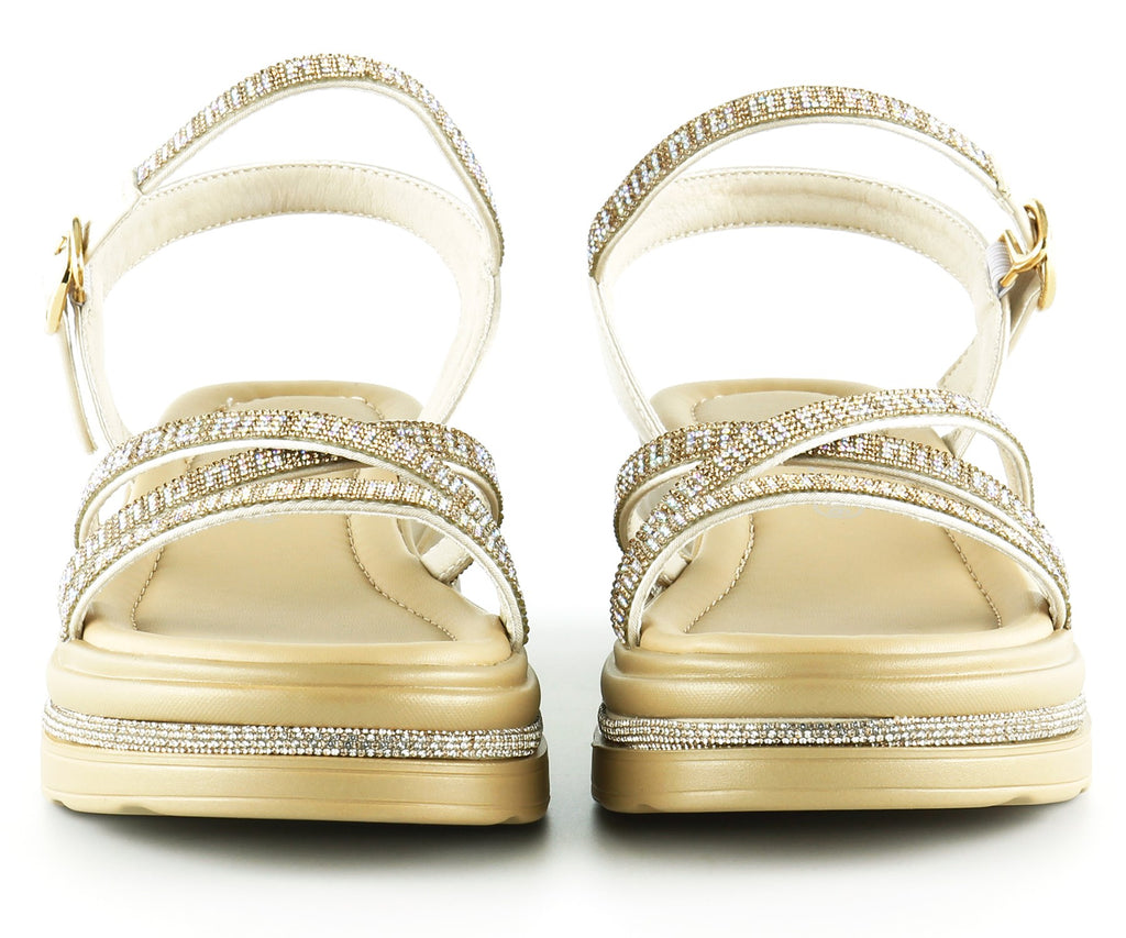 [7026] Bej Saten Altın Kristal Taşlı Platform Sandalet