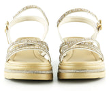 [7026] Bej Saten Altın Kristal Taşlı Platform Sandalet