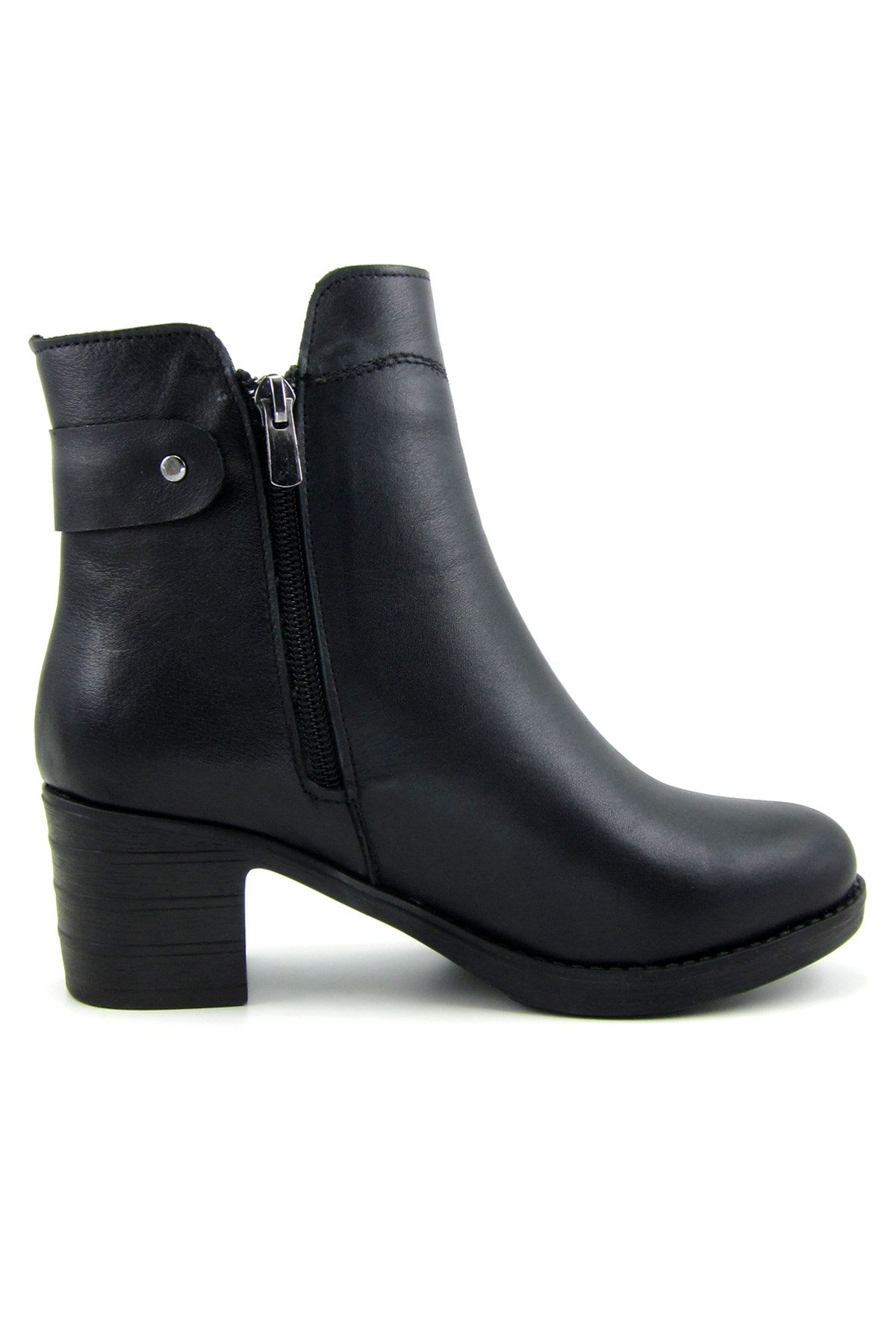 Zandra Siyah Hakiki Deri Yandan Fermuarlı Kalın Topuklu Bot
