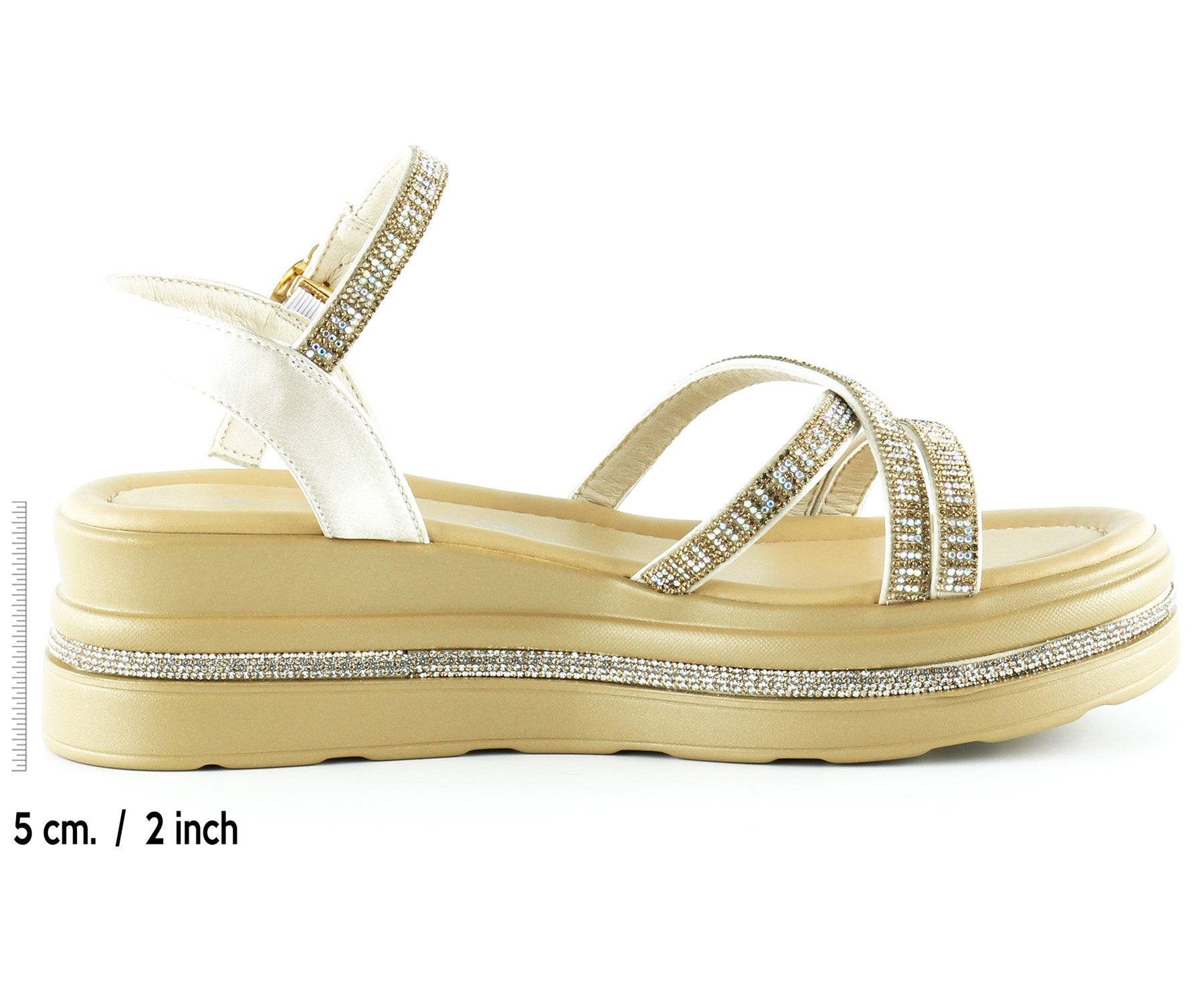 [7026] Bej Saten Altın Kristal Taşlı Platform Sandalet