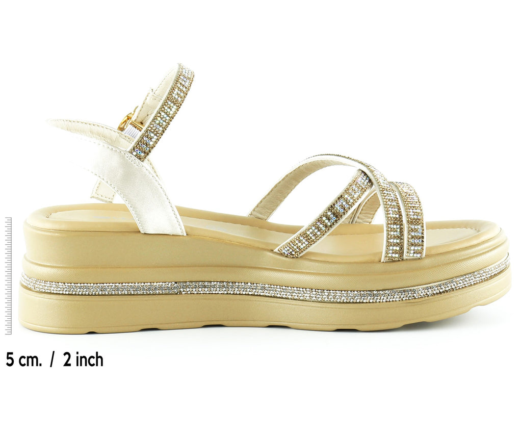 [7026] Bej Saten Altın Kristal Taşlı Platform Sandalet