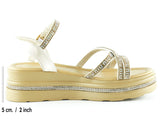 [7026] Bej Saten Altın Kristal Taşlı Platform Sandalet